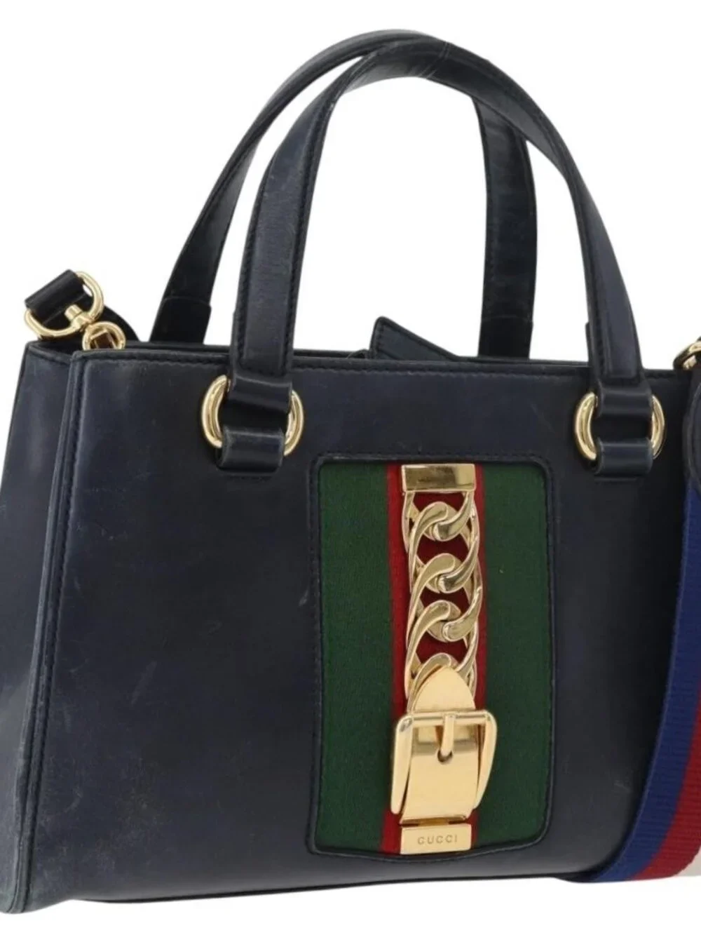 GUCCI Silvi Hand Bag Leather 2way Navy Gold 460381 Auth YKZ1323A